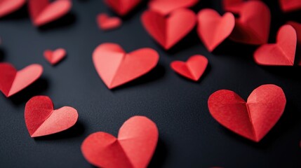 Poster - A collection of red paper hearts arranged on a black background