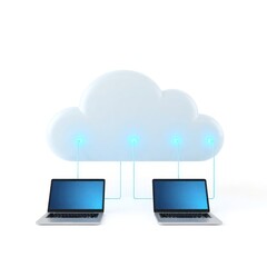 Poster - Two laptops connected to cloud symbol. Tech illustration shows data storage, accessibility in cloud computing. Modern devices access virtual data storage platform. Connection secure. Cloud computing