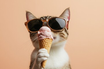 Aufkleber - A cat enjoying an ice cream cone while wearing trendy sunglasses