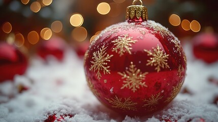 Poster - A decorative red and gold Christmas ornament sits amidst fresh snow, perfect for winter holiday scenes or festive marketing materials