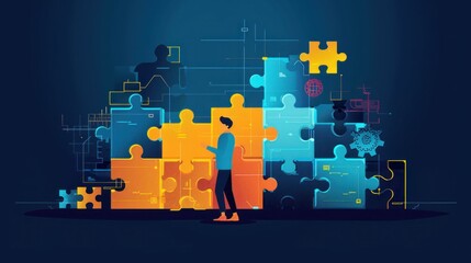 Poster - Puzzle concept, teamwork, innovation, technology background and a person interacting with bright puzzle pieces set against a dark blue backdrop, representing problem solving and collaboration