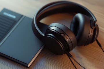 Poster - A pair of headphones sits next to a laptop, ready for use