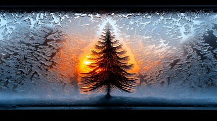Poster - Frosted Window Scene with Christmas Tree Silhouette and Sunrise