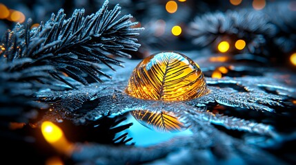 Poster - Captivating Water Droplet on Frosty Pine Leaves with Glowing Light