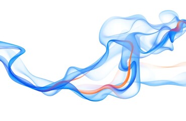 Poster - Abstract art piece featuring flowing blue, orange smoke fog on white background. Smooth curves, lines create dynamic visual effect. Evokes sense of motion, energy. Suitable for tech designs,