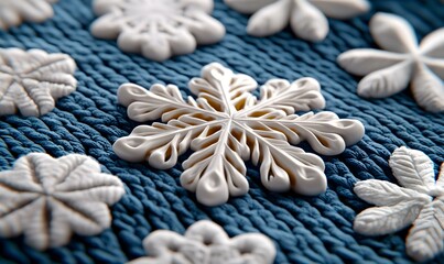 Poster - Intricate White Snowflakes on Blue Textile Background with Texture