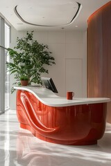 modern reception desk with vibrant orange design and natural plants