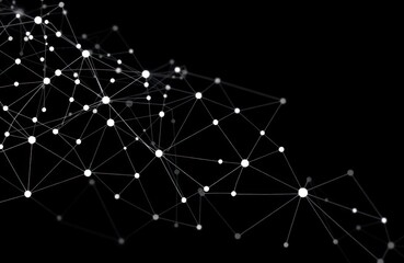 Poster - Abstract futuristic network pattern. White dots connected by thin lines create complex geometric structure on black background. Interconnected nodes suggest digital communication molecular structure.