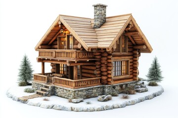 Aufkleber - Cozy log cabin with a natural stone chimney, perfect for winter retreat or rustic scene