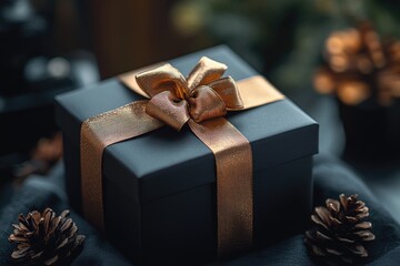 Poster - A small gift box wrapped in gold ribbon, surrounded by pinecones