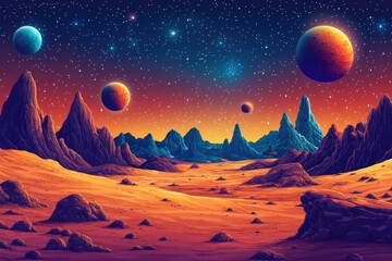 Poster - A stylized depiction of celestial bodies in the night sky above a desert terrain