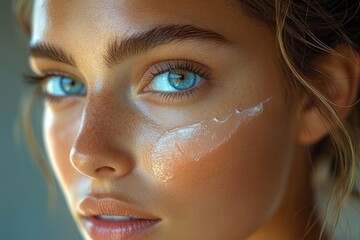 Poster - Close-up portrait of a woman with bright blue eyes, ideal for use in portraits, beauty or lifestyle photography