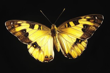 Poster - A bright yellow butterfly perched on a dark surface, ideal for use in designs about nature, simplicity or contrast