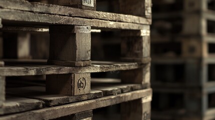 Poster - A stack of wooden pallets in a warehouse setting, suitable for use in industrial or commercial contexts