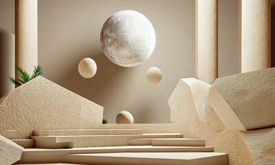 Poster - A creative space with large columns, floating spheres, and a striking moon on a smooth backdrop, showcasing simplicity and elegance