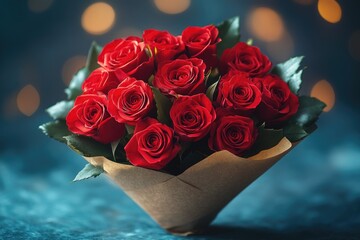 Poster - A beautiful arrangement of red roses on a table, perfect for romantic occasions or as a symbol of love and appreciation
