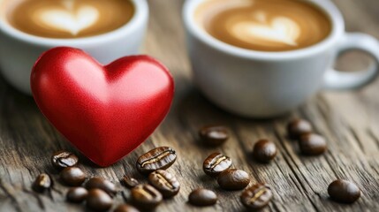 Poster - A cozy setting with two cups of coffee and a red heart on the table, perfect for a romantic morning or a thoughtful gift