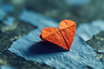 Poster - A delicate paper heart sits on top of a bright blue piece of paper, simple and sweet