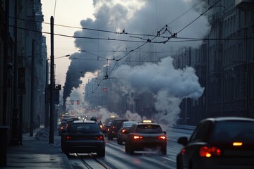 Aufkleber - Cars drive down a city street lined with tall buildings, urban scenery
