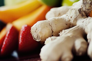 Poster - A close up shot of ginger and strawberries on a table, perfect for food or kitchen related concepts