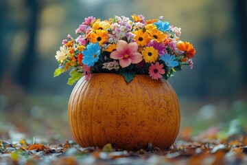 Aufkleber - A pumpkin filled with vibrant flowers, perfect for autumn or harvest-themed designs