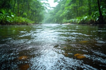 Poster - A serene river runs through a dense and vibrant green forest, perfect for landscape or nature photography