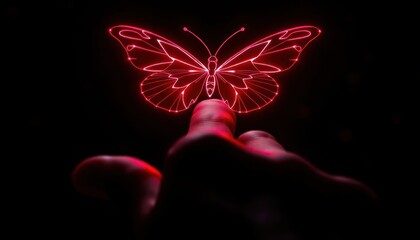Poster - Closeup view of human finger touching glowing red butterfly hologram. Digital tech innovation, evolution concept. Futuristic illustration style with low poly wireframe mesh design. Hand interacts