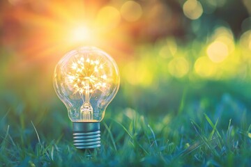 Poster - A single light bulb sits on the surface of a lush green field