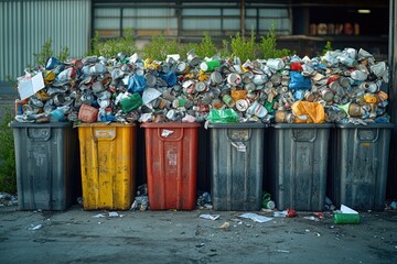 Poster - A group of trash cans stacked together on the side of the road or street