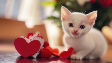 Poster - A cute white kitten sits next to a bright red heart, perfect for love or Valentine's Day themes