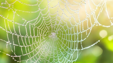 intricate spider webs adorned with glistening morning dew, elegantly capturing the light against a soft-focus green backdrop, creating a delicate and enchanting natural pattern