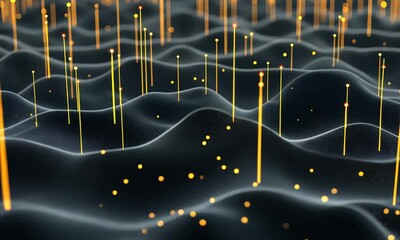 Fototapete - Illuminated lines and dots create a mesmerizing wave-like terrain, showcasing intricate data patterns in a dark environment