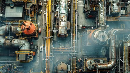 Poster - This Aerial view of a large soda production facility with pipes, tanks, and machinery.