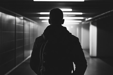 Poster - A person stands alone in a dimly lit corridor