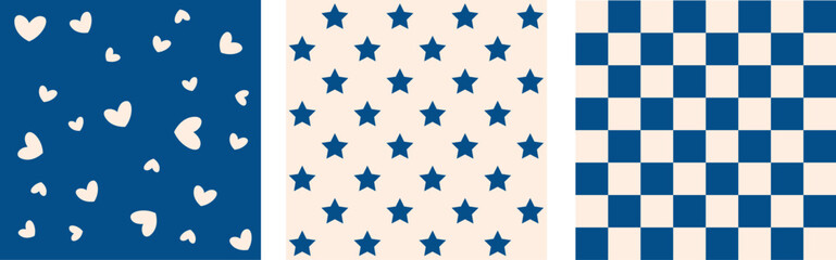 minimalistic pattern with hearts and stars, modern seamless blue pattern, vector shapes