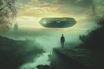 Poster - A man stands on a rocky ledge, gazing up at a flying saucer in the sky