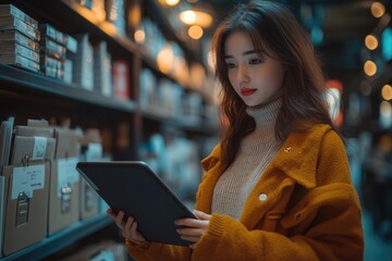 Poster - woman browsing on tablet in a quiet library setting, ideal for education and knowledge concepts