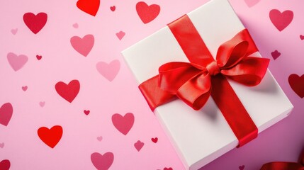 Poster - A beautiful white gift box adorned with a red ribbon on a soft pink background, perfect for birthdays, holidays, or special occasions