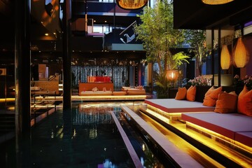 Poster - A comfortable living room with furniture and a pool in the background