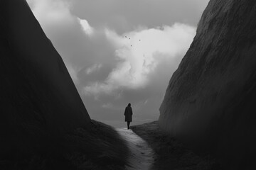 Poster - A person walking down a narrow path with dense foliage and unknown destination