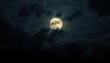 © Maryna - Full moon glows ominously in dark cloudy Halloween sky. Eerie shadows cast on spooky haunted landscape at night. Moonlight shines through clouds. Dark silhouettes of trees against moonlit sky create