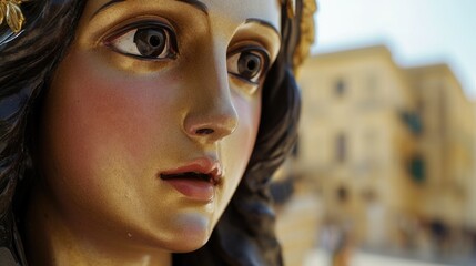 Poster - A detailed view of a female statue's face and shoulders