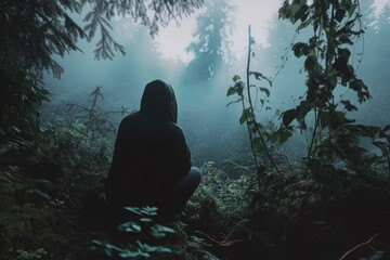 Poster - A person sitting on a rock in a forest, surrounded by trees and foliage