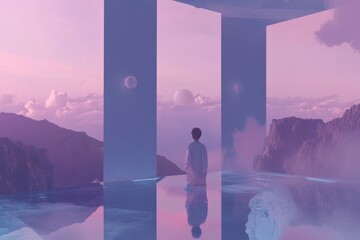 Poster - A person is standing in a pool, gazing out at the surrounding mountains