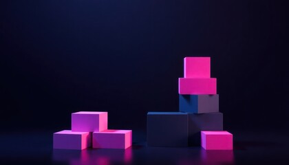 Poster - Abstract 3D illustration of stacked geometric blocks in vibrant pink, dark gray. Gradient lighting highlights shapes. Modern, sleek design. Ideal for product displays digital concepts. Composition