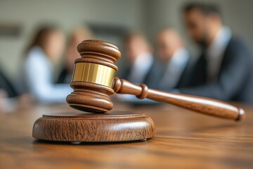 Poster - A wooden gavel sits on top of a wooden table, ready for use in various settings