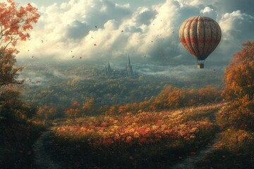 Wall Mural - A hot air balloon soaring above a dense and vibrant green forest, with treetops stretching towards the sky