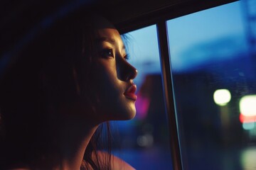 Aufkleber - A person gazing out of a window during the evening hours