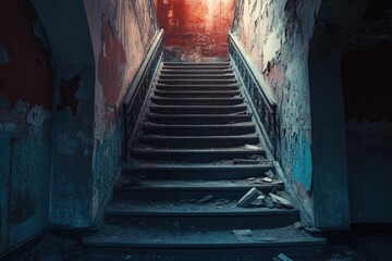 Poster - A worn out staircase in an abandoned building