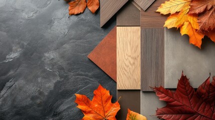 Wall Mural - Autumnal wood and stone samples with leaves.